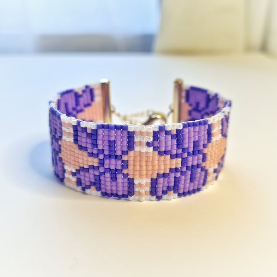 Beaded Pink and Purple Bow Bracelet
