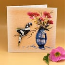 Unique Greetings Card, Hand Folded Origami Parrot attached to floral print card 