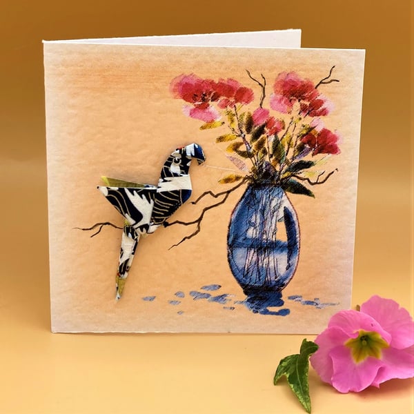 Unique Greetings Card, Hand Folded Origami Parrot attached to floral print card 
