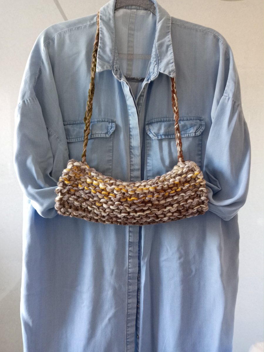 Chunky Neutral Colours Hand Knitted Hand Warmer Muff with Neck Strap