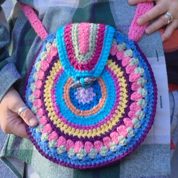 Round Crochet Bag Boho Hippie Retro Colourful