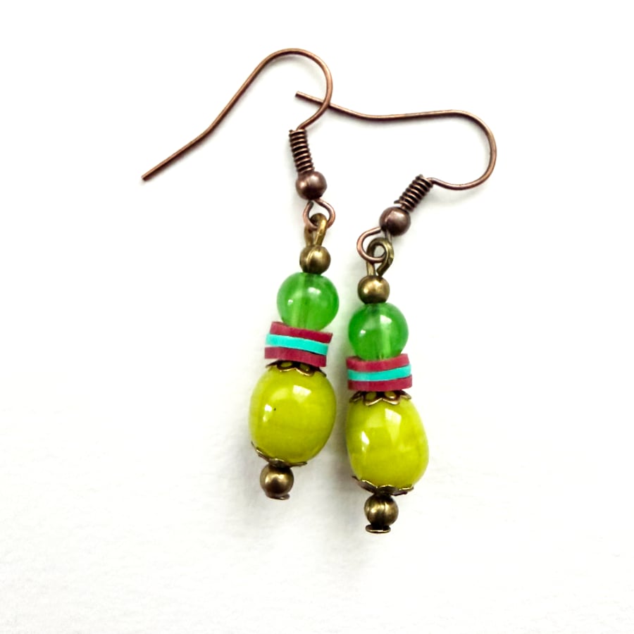 Boho Style Olive Green, Blue and Red Dangle Drop Earrings