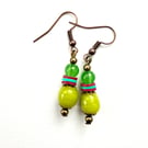Boho Style Olive Green, Blue and Red Dangle Drop Earrings