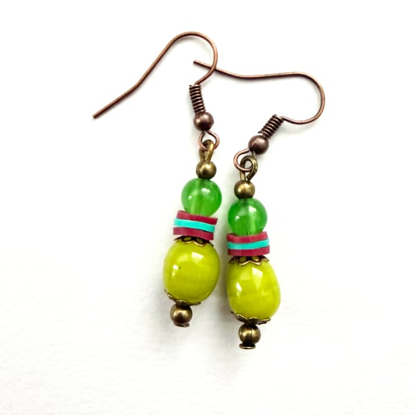 Boho Style Olive Green, Blue and Red Dangle Drop Earrings