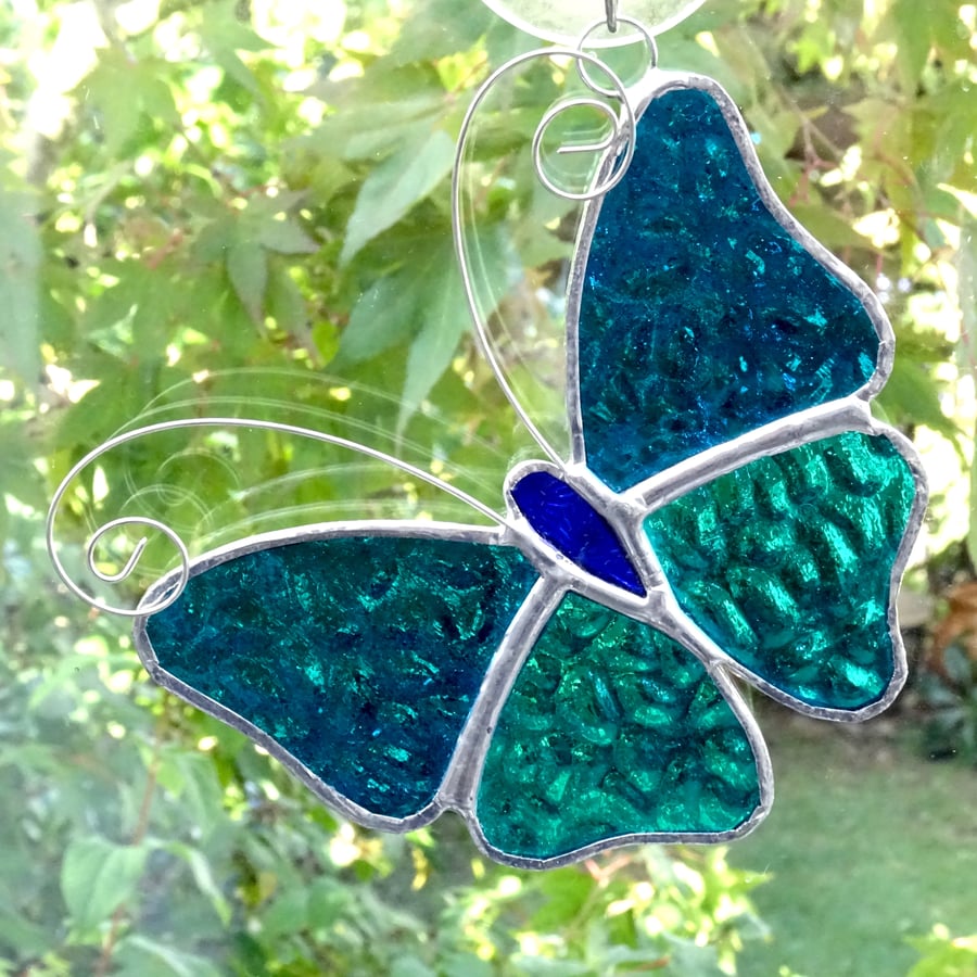 Stained Glass Butterfly Suncatcher - Handmade Decoration - Teal and Turquoise