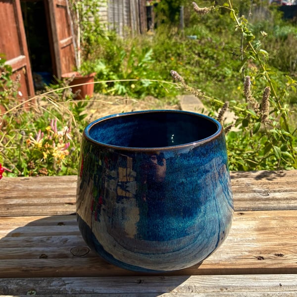 Handmade Dark Blue Stoneware Plant Pot