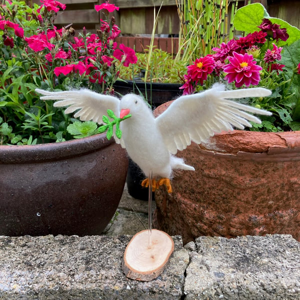 Needle felted White dove in flight, peace dove