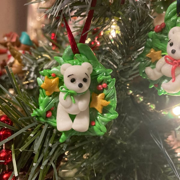 Green - White Bear Christmas Wreath, Polymer Clay decoration 