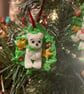 Green - White Bear Christmas Wreath, Polymer Clay decoration 