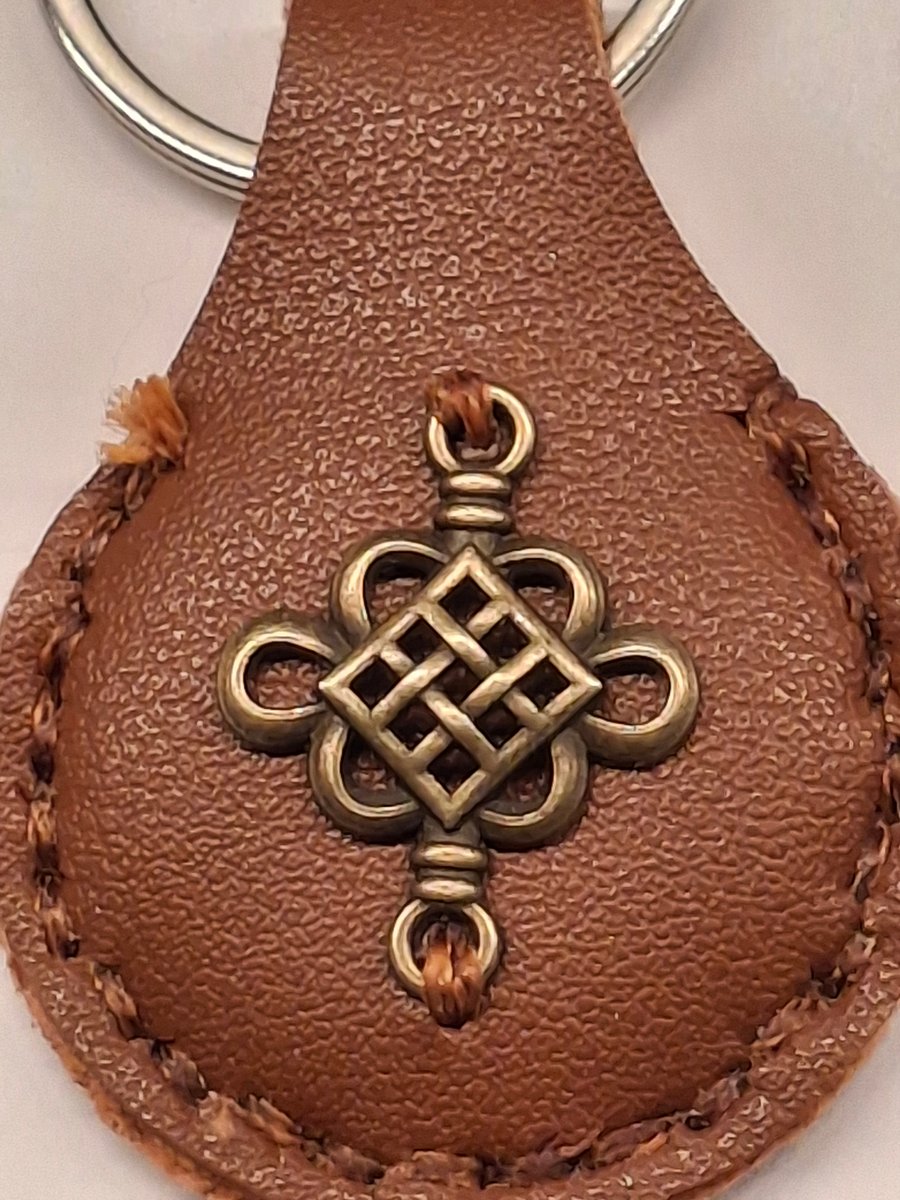 Brown Leather Hand Stiched Keyring. Celtic Style Charm.  FREE Postage