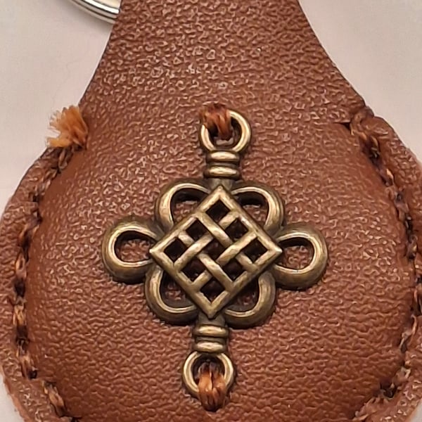 Brown Leather Hand Stiched Keyring. Celtic Style Charm.  FREE Postage