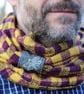 Hand woven unisex check cowl in yellow and purple with an embroidered dragonfly - Image 8