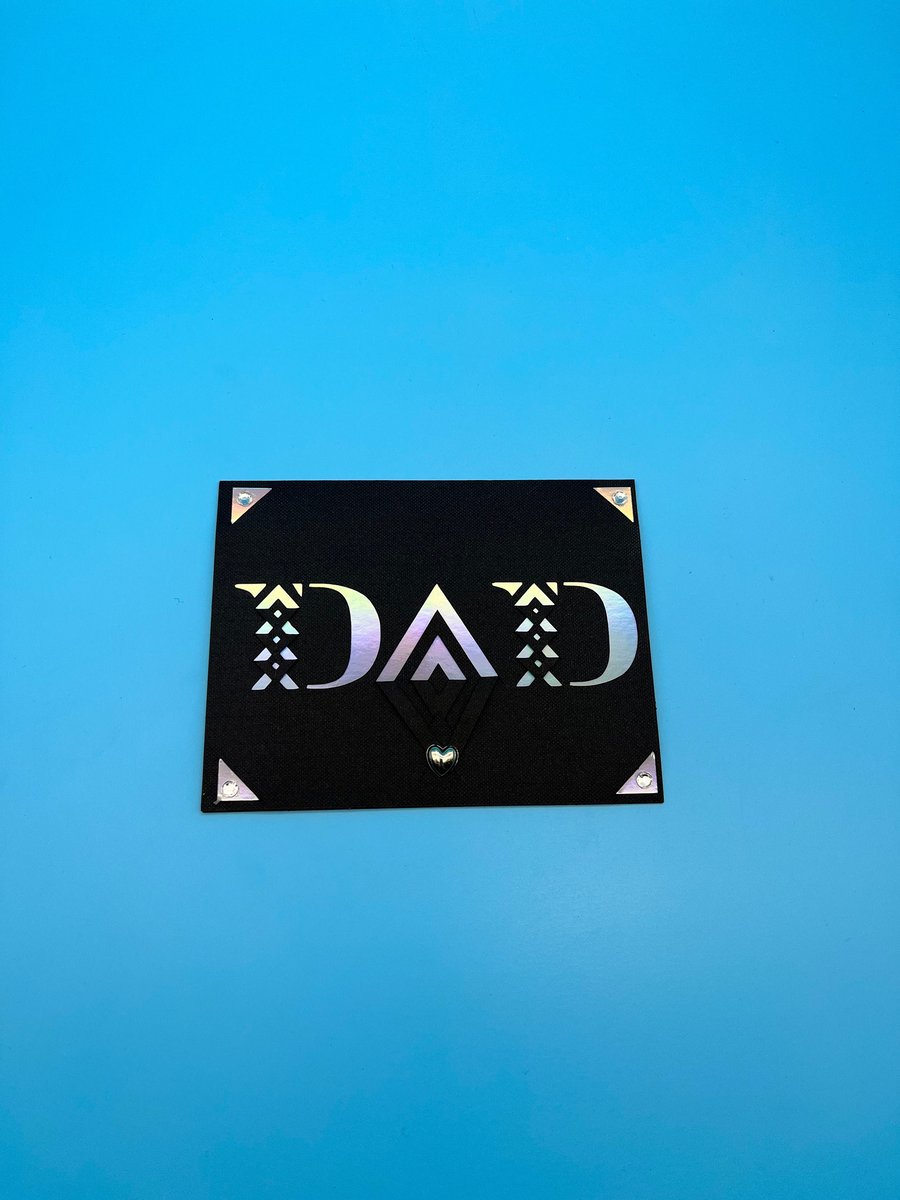 Card for dad, black card with holographic insert background and silver heart rhi