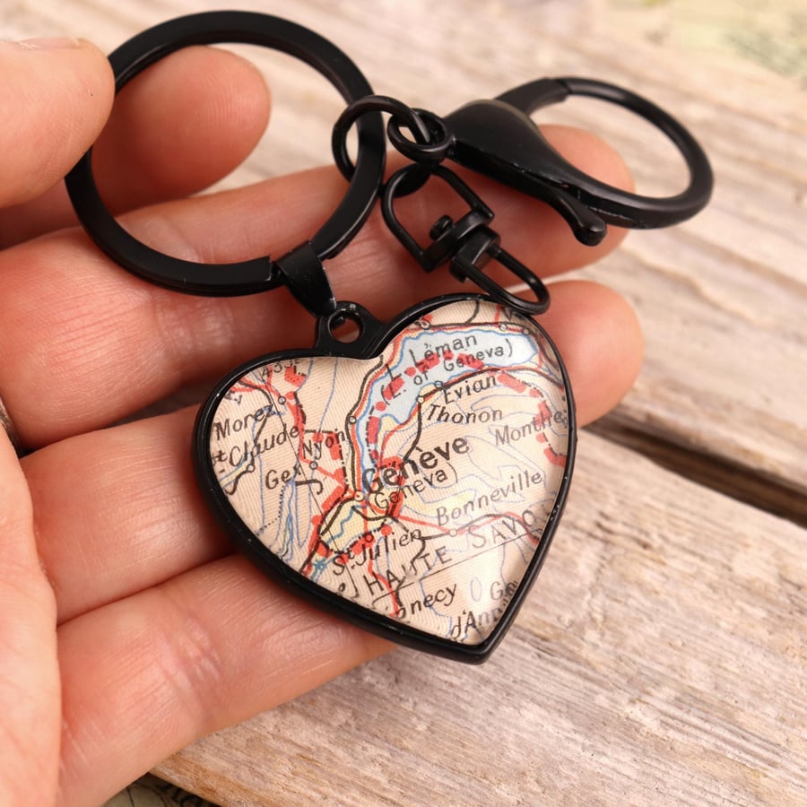 Long Distance Relationship Heart Two Maps Keyring Gift for Couple