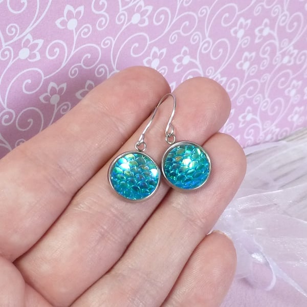 Turquoise iridescent mermaid earrings, shimmering bright summer earrings