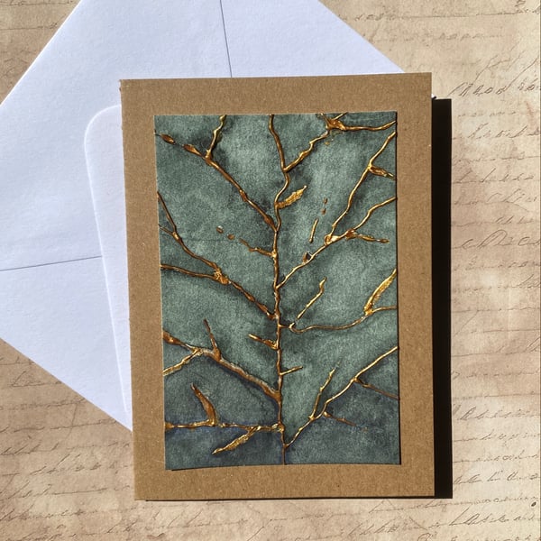 Hand-Painted Gold Tree Greeting Card – Watercolour Forest Scene with Gold Relief