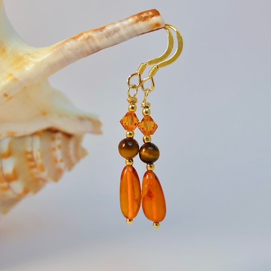 Amber, Tiger Eye & Crystal Earrings, Birthday, Anniversary, Gifts For Her