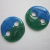 Handmade pair of cast glass buttons - Round curacao green jelly