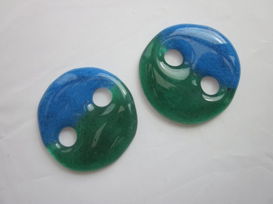 Handmade pair of cast glass buttons - Round curacao green jelly