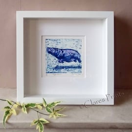 Purple Hippo Swim Art Original Collagraph Print Animal