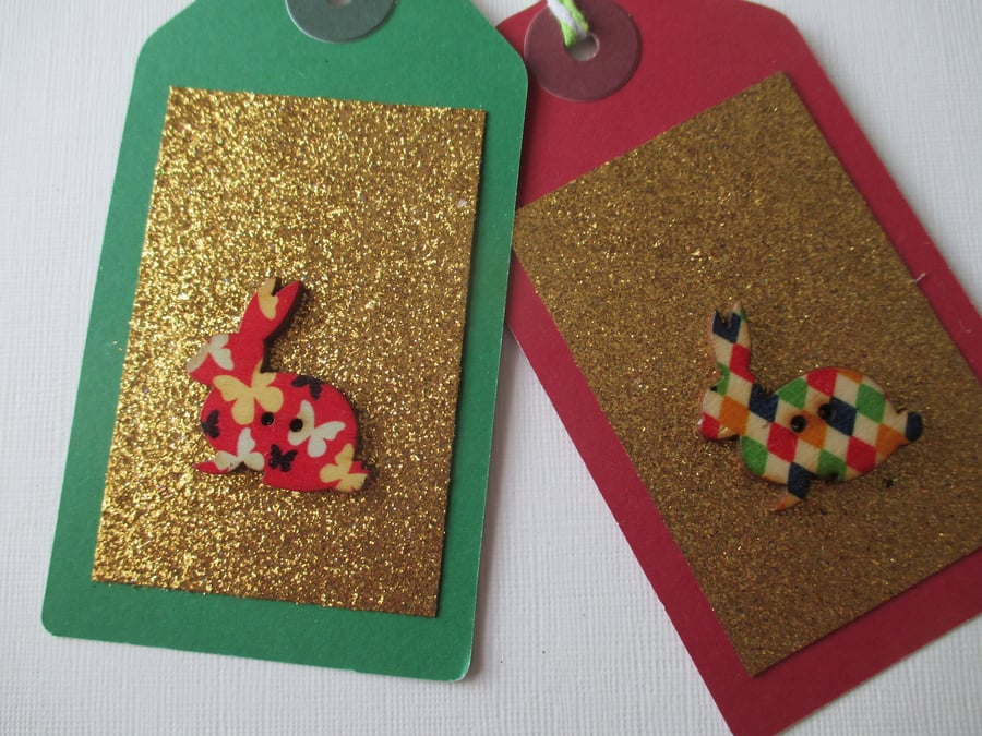 Gift Tag Christmas Bunny Rabbit Button Gift Tag Glitter Red Gold Green