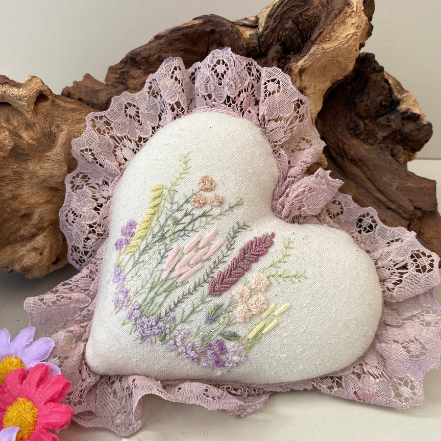 Hand embroidered hanging heart, lace edged wall decor heart
