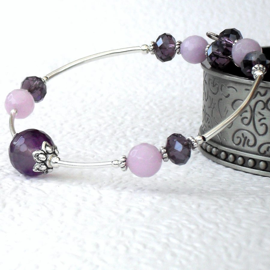 Handmade purple agate and crystal bangle style bracelet