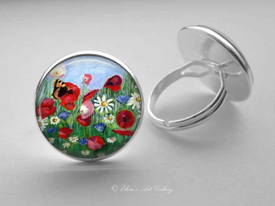 Silver Plated Wildflower Art Glass Cabochon Ring