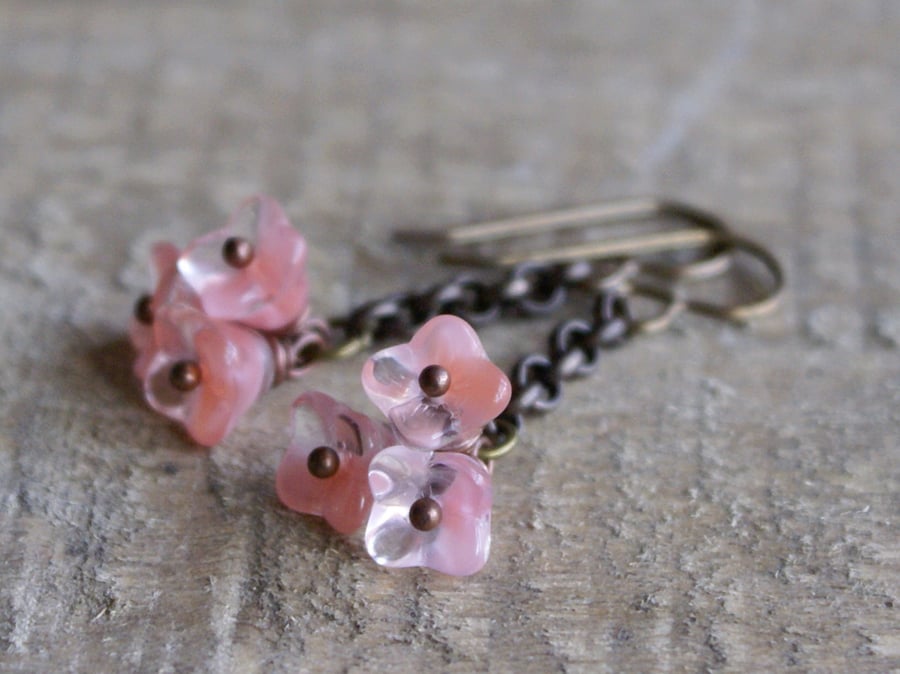 Pink Czech Glass Flower Earrings