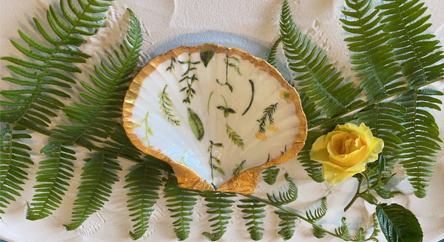 Candle holder or Trinket dish with decoupage flowers and fern, scallop shell