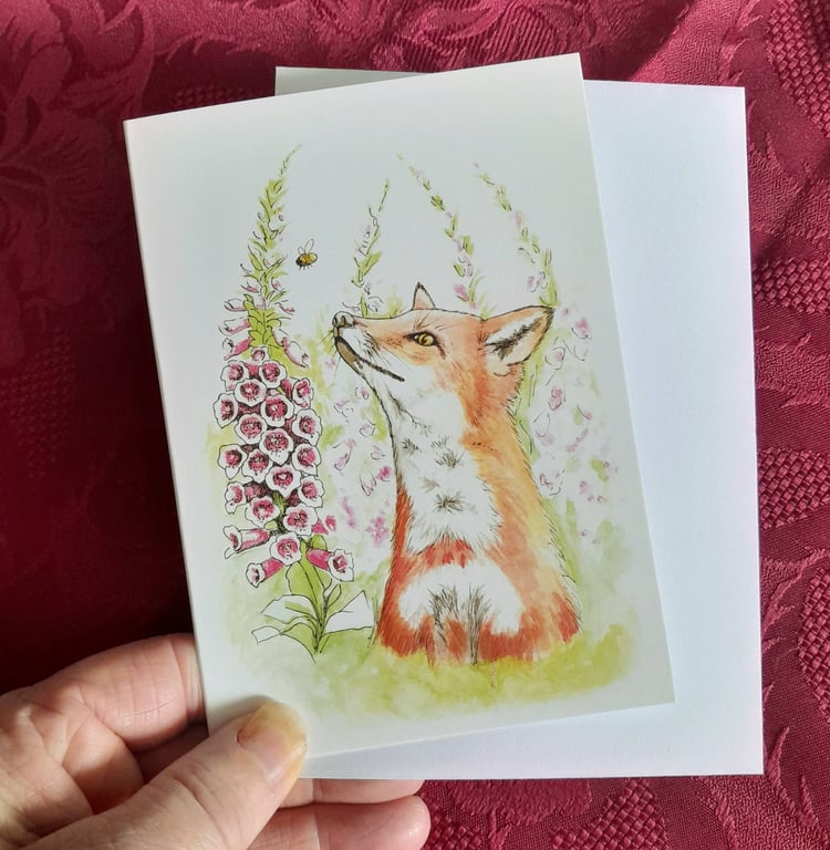 A6 Art Greetings Card, Whimsical Fox and Bee