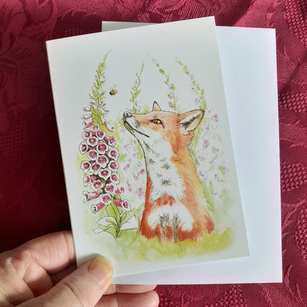 A6 Art Greetings Card, Whimsical Fox and Bee