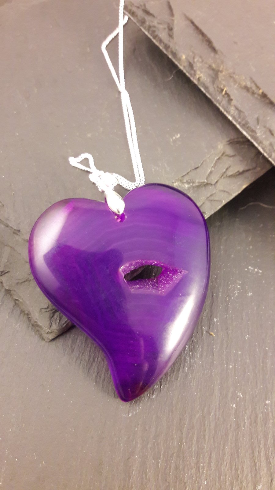 Purple Hole in My Heart Agate Pendant with Sterling Silver Chain