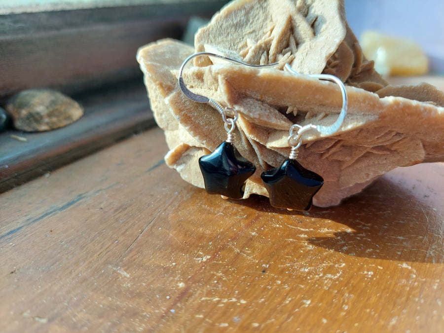 Sterling Silver Black Agate Star Earrings