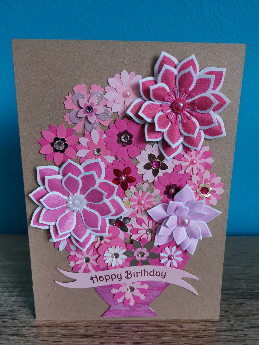 Flower birthday card  - Handmade keepsake - pink flowers - boxed