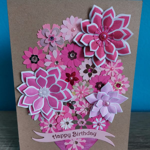 Flower birthday card  - Handmade keepsake - pink flowers - boxed