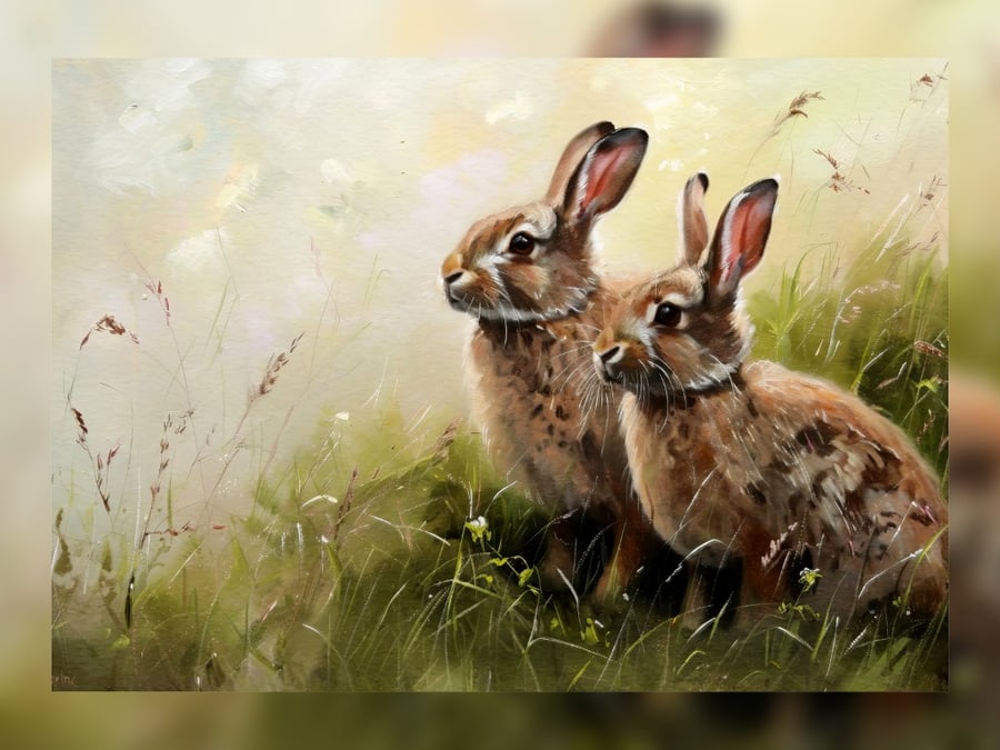 Springtime Rabbits in a Meadow, Wildlife Art 5"x7" Matte Print
