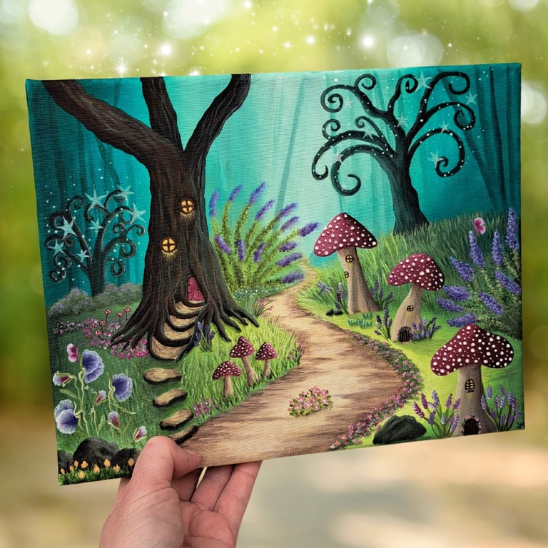 Fantasy Magical Woodland Original Painting - Toadtstool Houses - 