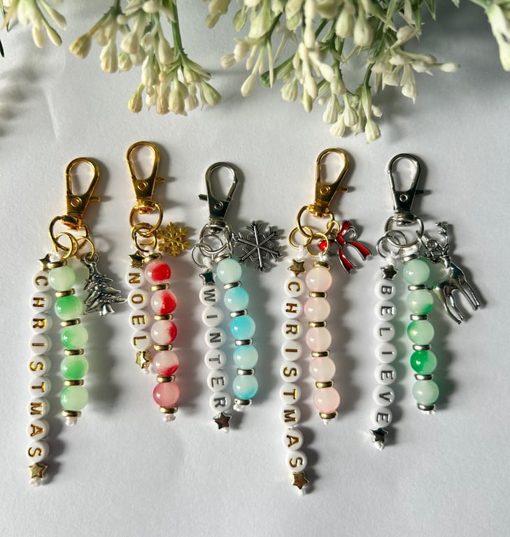 Handmade Christmas Beaded Keyring - Festive Beads, Charms, Gift, Belle and Olive