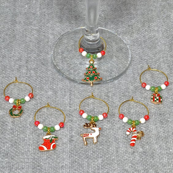 Christmas Wine Glass Charms with Red, Green, and White Glass Beads