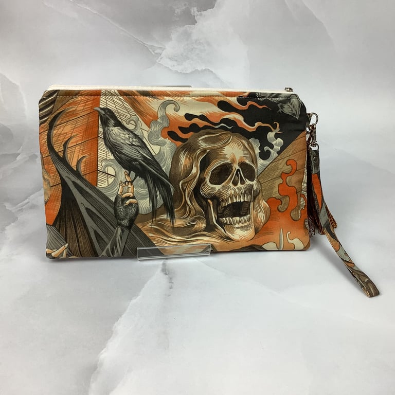 Handmade gothic skulls zip clutch bag with wrist strap silky tassel and charm