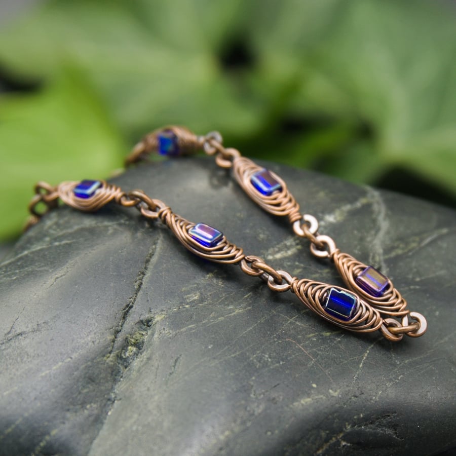 Herringbone Wire Weave Chain Bracelet with Cobalt Blue AB Glass Cube Beads