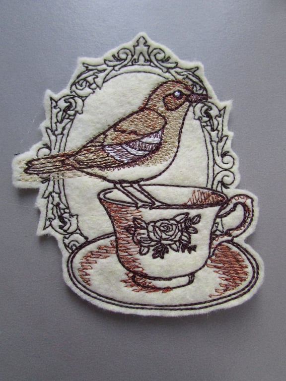 Bird on a Tea cup Embroidered Sew on Applique Patch