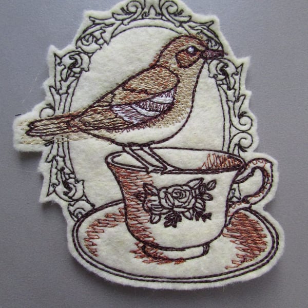 Bird on a Tea cup Embroidered Sew on Applique Patch