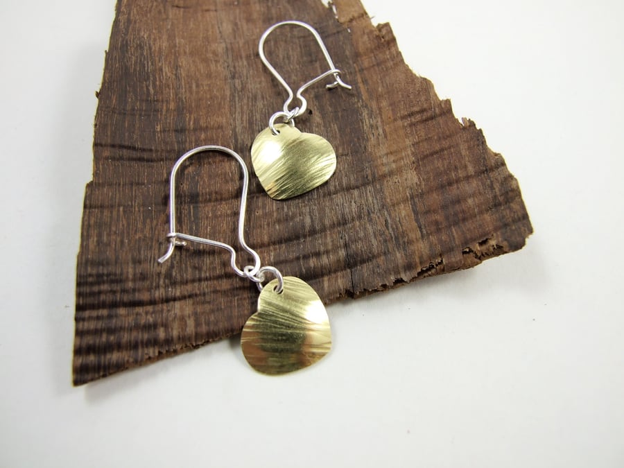 Earrings, Hammered Brass Hearts with Sterling Silver