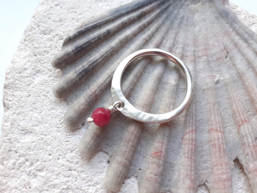 Textured Silver Dangle Ring with a Ruby Dangle Stone