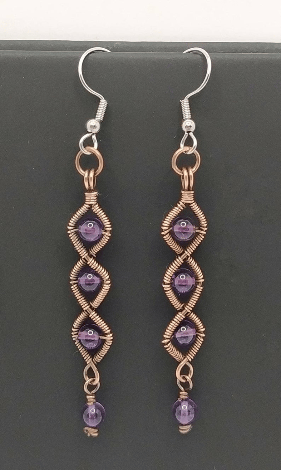 Twisted Wire Wrapped Earrings with Amethyst in Oxidised Copper