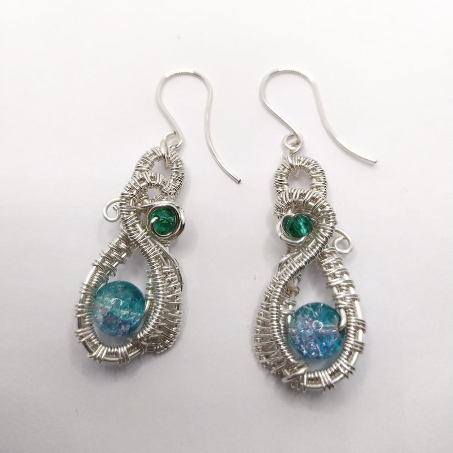 Wire Wrapped Earrings with Blue-Green Beads