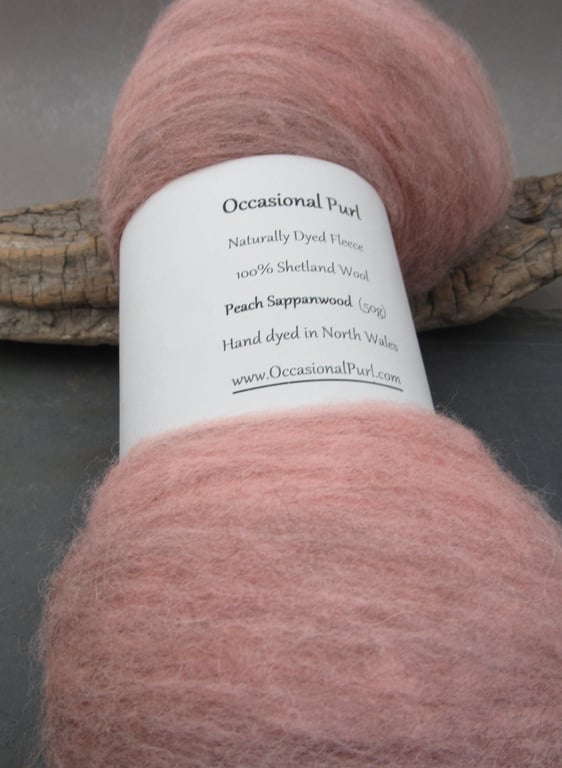 50g Peach Sappanwood Naturally Dyed Shetland Wool Batt
