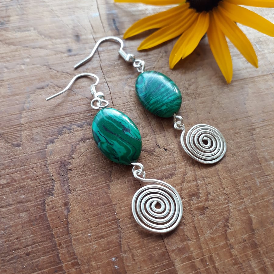 Green Malachite Silver Spiral Earrings, Jewellery, Christmas Gifts for Women